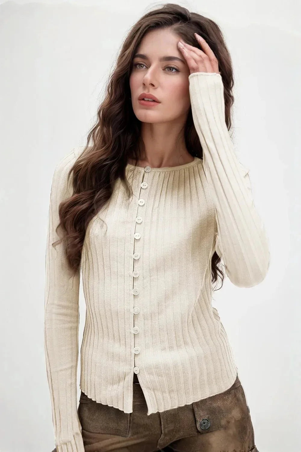 Basic Bae Texture Button Up Round Neck Long Sleeve Top - VILLA FASHION